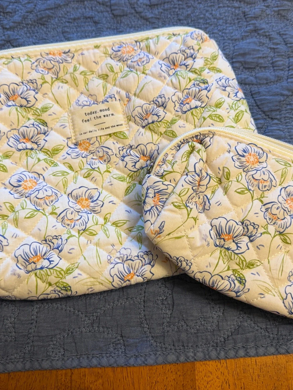 Floral Quilted Pouch & Cosmetic Case - Blue & Green Flowers on Cream